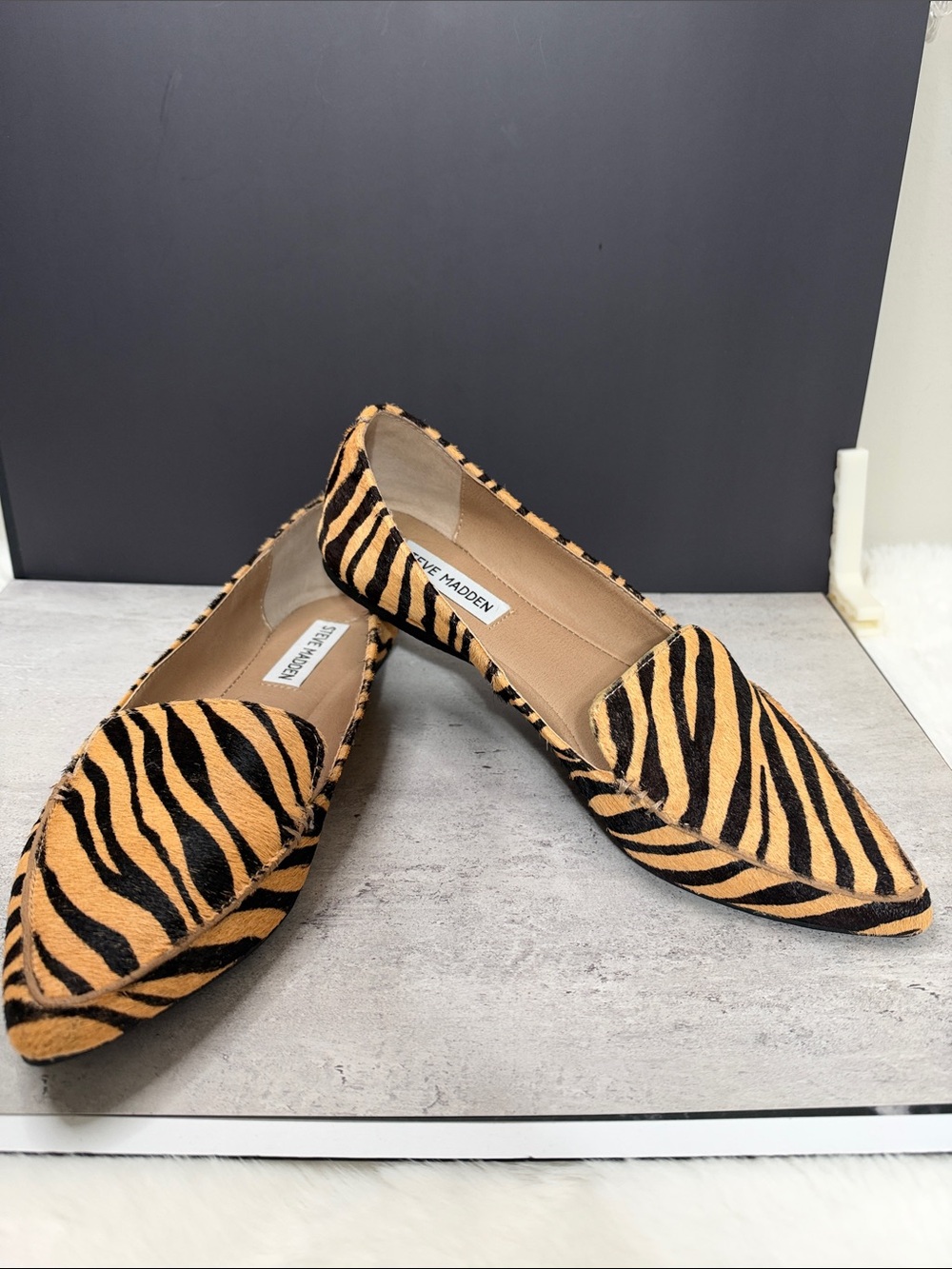 Steve Madden Zebra-Stripe Pointed Flats in Tan and Black